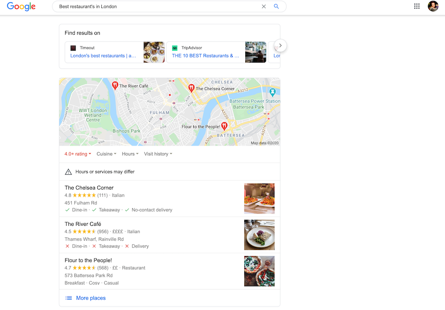 Restaurant Google local pack